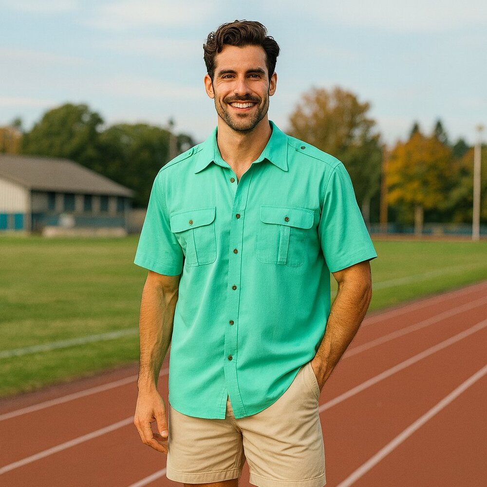 John Blair Men's Button Up Cargo‎ Safari Camp Shirt Sea Green Short Sleeve XLG